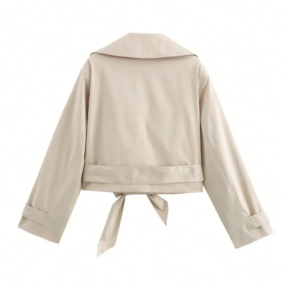 Khaki Casual Women's Cropped Trench Coat With Belt - Picture 6 of 6